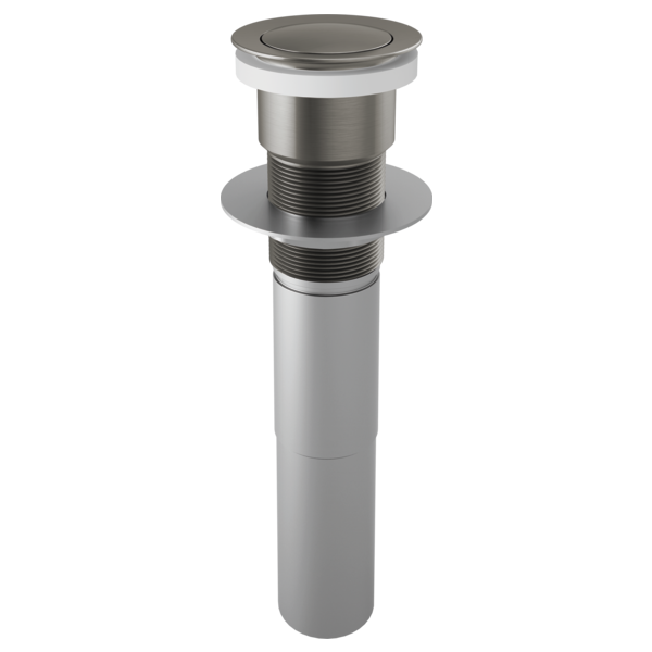 Luxe steel push button pop-up drain assembly with threaded cylindrical body and circular top button.
