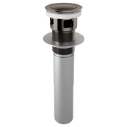 Black onyx push button pop-up lavatory drain with overflow and threaded mounting components.