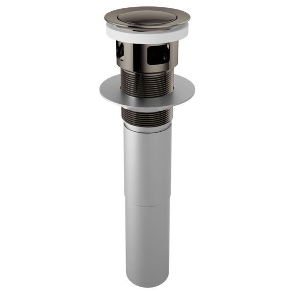 Black onyx push button pop-up lavatory drain with overflow and threaded mounting components.