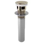 Polished nickel push button pop-up drain assembly with overflow ports and cylindrical body.
