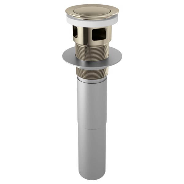 Polished nickel push button pop-up drain assembly with overflow ports and cylindrical body.
