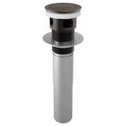 Venetian bronze push button pop-up drain assembly with overflow ports and cylindrical body.