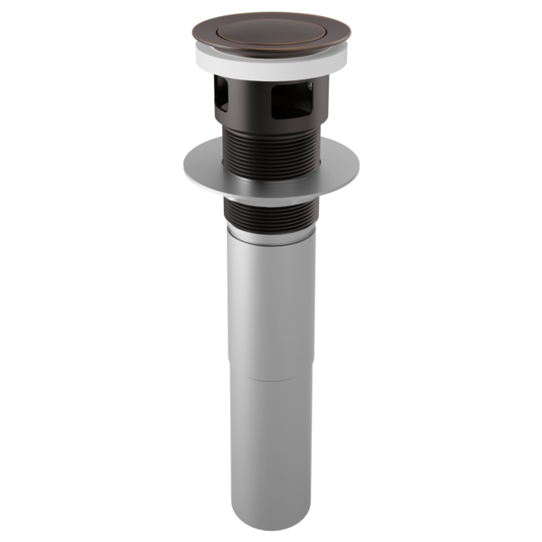 Venetian bronze push button pop-up drain assembly with overflow ports and cylindrical body.