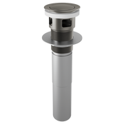 Luxe steel push-button pop-up drain with overflow, cylindrical body and circular top button.