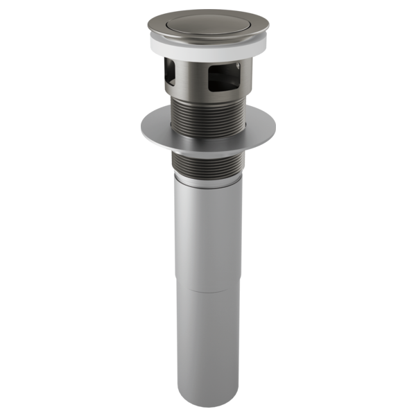 Luxe steel push-button pop-up drain with overflow, cylindrical body and circular top button.