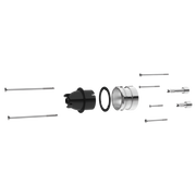 Brizo RP81665 extension kit showing disassembled components including black cartridge, metal trim ring, gasket, screws, and m