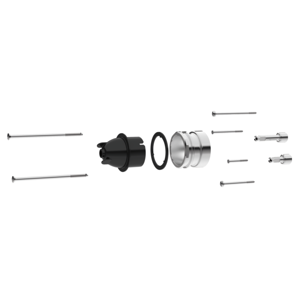 Brizo RP81665 extension kit showing disassembled components including black cartridge, metal trim ring, gasket, screws, and m