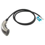 Stainless steel pull-out wand assembly with black braided hose and blue connector clip.