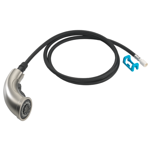 Stainless steel pull-out wand assembly with black braided hose and blue connector clip.