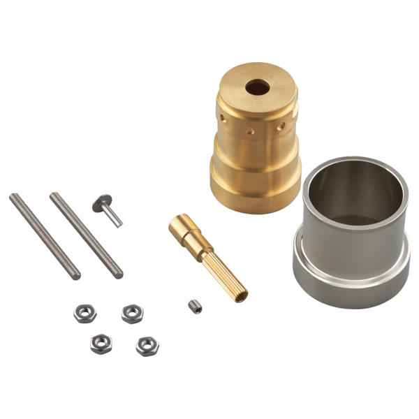 Brass and stainless steel extension kit components including pins, nuts, adapter, and cylindrical sleeves.