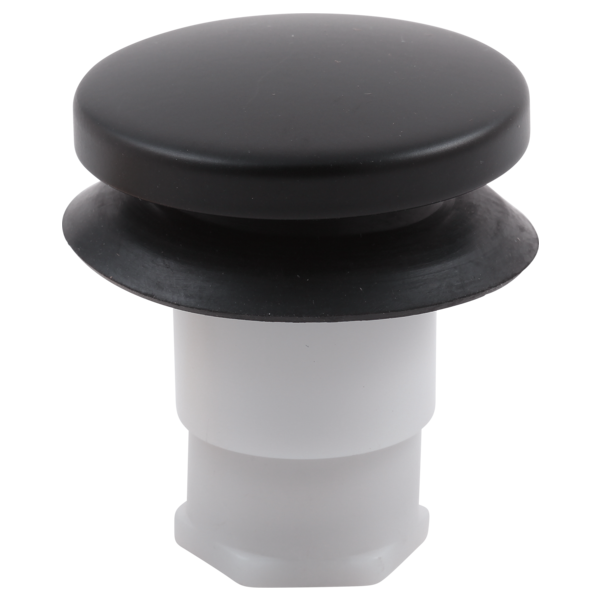 Matte black stopper assembly with circular cap and white cylindrical base.