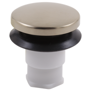 Brushed nickel round stopper assembly with black rubber gasket and white plastic stem.
