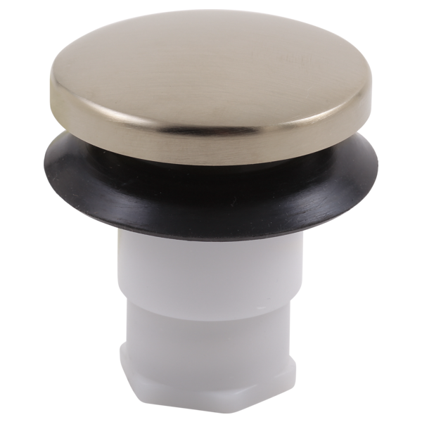 Brushed nickel round stopper assembly with black rubber gasket and white plastic stem.