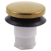 Gold-finish sink stopper assembly with black rubber collar and white plastic base component.