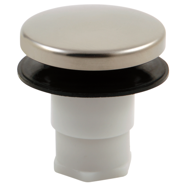 Luxe nickel stopper assembly with round cap, black rubber gasket, and white plastic stem.