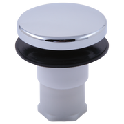 Chrome and black stopper assembly with round cap and cylindrical body for sink drain.