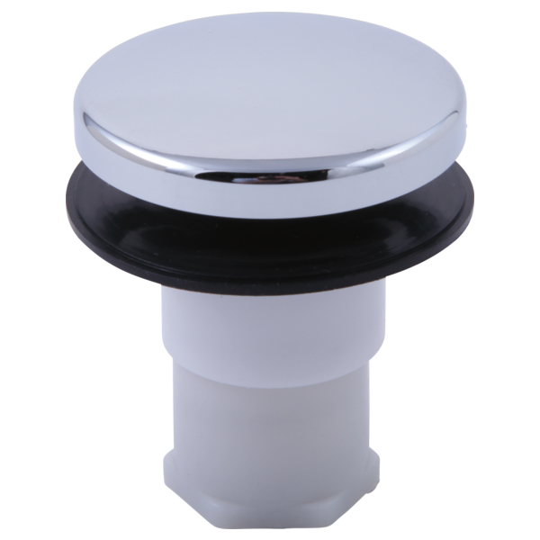 Chrome and black stopper assembly with round cap and cylindrical body for sink drain.