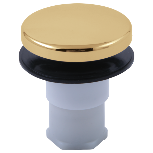 Polished gold dome-shaped stopper assembly with black rubber ring and white cylindrical connector base.