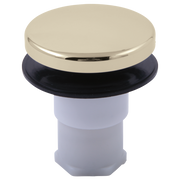 Polished nickel sink stopper assembly with black rubber seal and white cylindrical body.