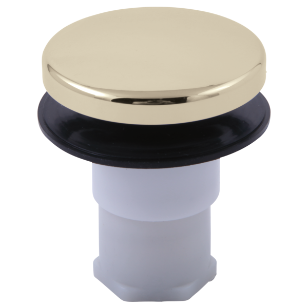 Polished nickel sink stopper assembly with black rubber seal and white cylindrical body.