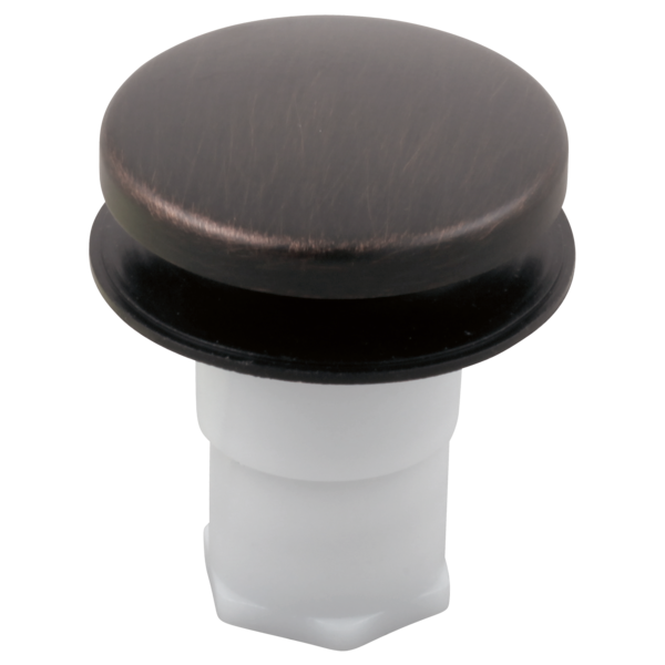 Venetian bronze stopper assembly with rounded cap and white cylindrical body for sink drain installation.