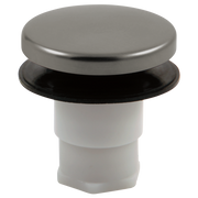 Stainless steel sink stopper assembly with brushed metal cap, black rubber ring, and white plastic body.