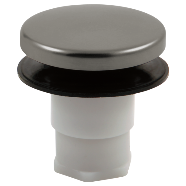 Stainless steel sink stopper assembly with brushed metal cap, black rubber ring, and white plastic body.