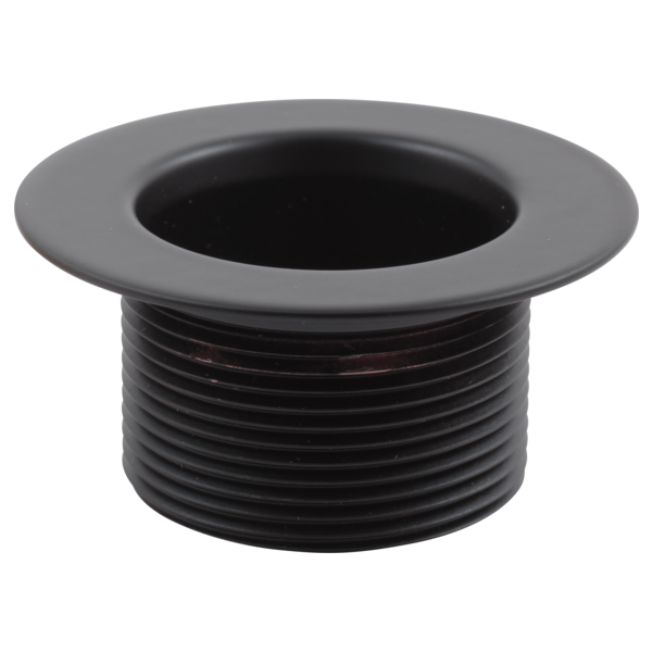 Matte black toe-operated waste plug with threaded barrel and wide flange rim.