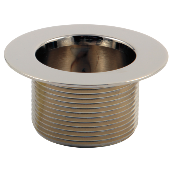 Polished nickel drain waste plug with wide flange and threaded cylindrical body.