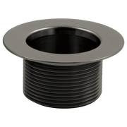 Chrome and black toe-operated waste plug with threaded cylindrical body and flat flange collar.