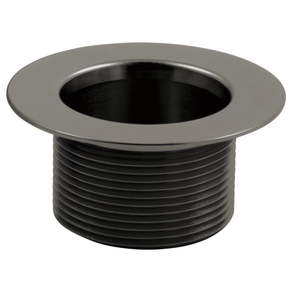 Chrome and black toe-operated waste plug with threaded cylindrical body and flat flange collar.