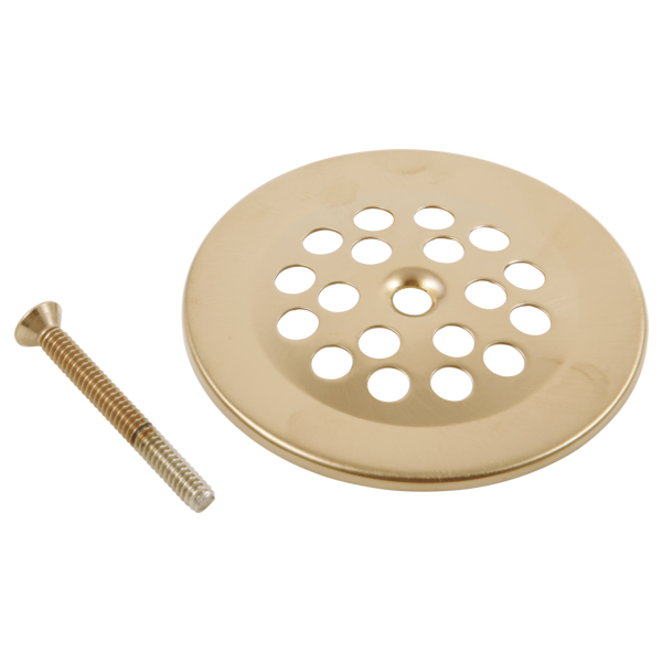 Luxe gold dome strainer with multiple drainage holes and matching brass screw.