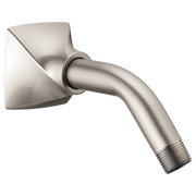 Brushed nickel shower arm with square wall flange and angled shower head connector.