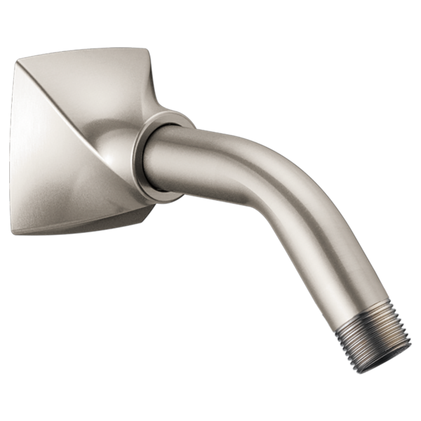 Brushed nickel shower arm with square wall flange and angled shower head connector.