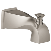 Brushed nickel bathtub spout with curved body and angled spout outlet against white background.