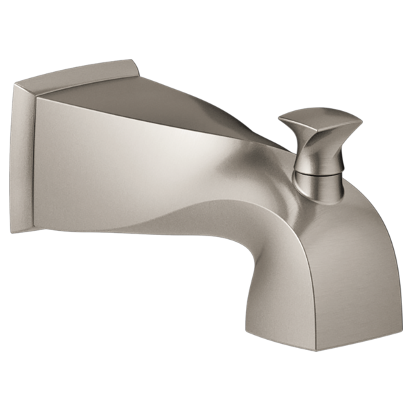 Brushed nickel bathtub spout with curved body and angled spout outlet against white background.