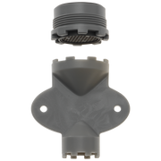Delta Everly gray faucet aerator with threaded top cap and perforated spray face, disassembled view.