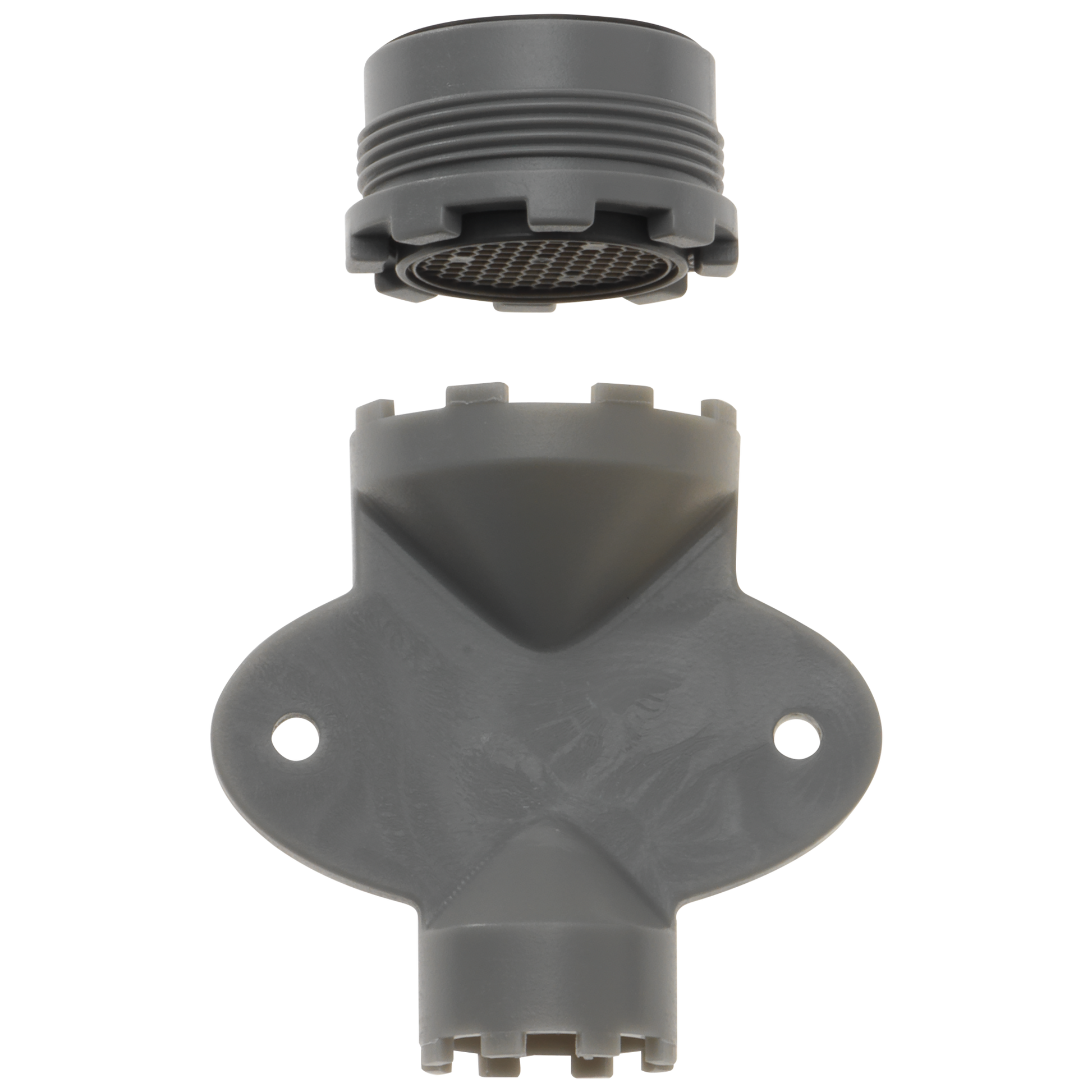 Delta Everly gray faucet aerator with threaded top cap and perforated spray face, disassembled view.