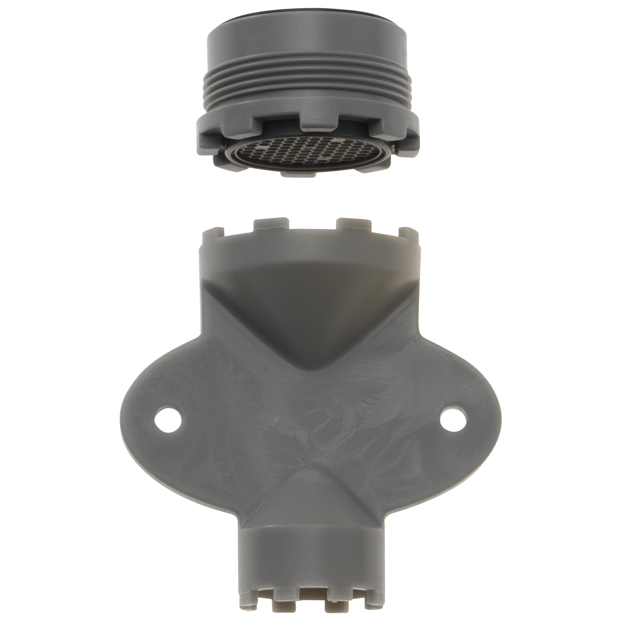 Delta Everly gray faucet aerator with threaded top cap and perforated spray face, disassembled view.