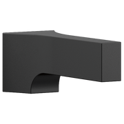 Matte black tub spout with curved outlet and angular design for wall mounting.