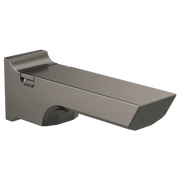 Black stainless steel tub spout with pull-up diverter and curved rectangular spout design.
