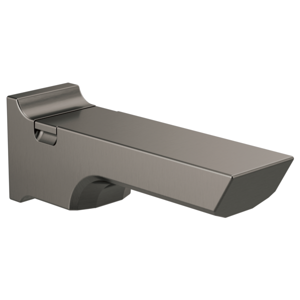 Black stainless steel tub spout with pull-up diverter and curved rectangular spout design.