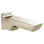 Polished nickel tub spout with pull-up diverter and curved rectangular basin in matte finish.