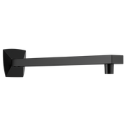 Matte black shower arm with square wall flange and cylindrical outlet on right end.