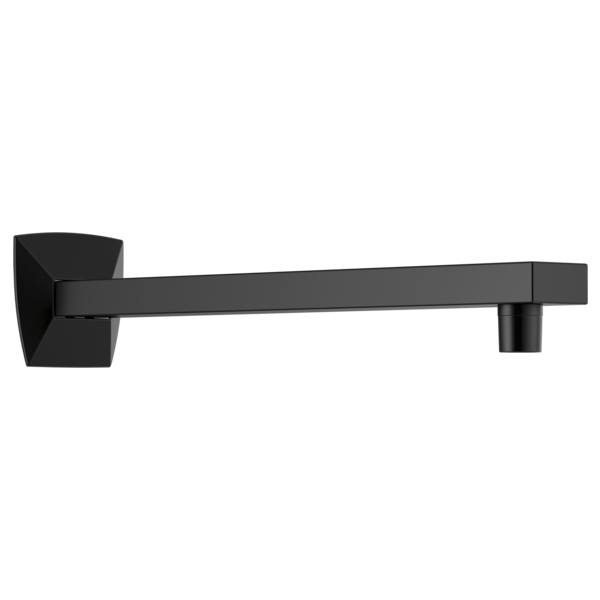 Matte black shower arm with square wall flange and cylindrical outlet on right end.