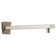 Luxe nickel shower arm with geometric square flange and straight spout extending 13 inches.