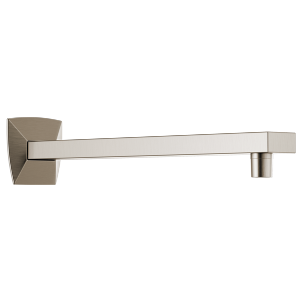 Luxe nickel shower arm with geometric square flange and straight spout extending 13 inches.