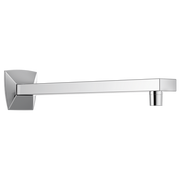 Chrome shower arm and flange with squared geometric design and outlet connection.