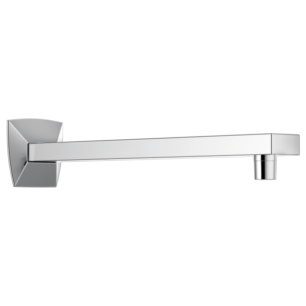 Chrome shower arm and flange with squared geometric design and outlet connection.