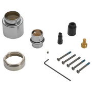 Chrome plumbing extension kit with cylindrical collar, threaded coupling, rubber and brass adapters, screws, and hex wrench.